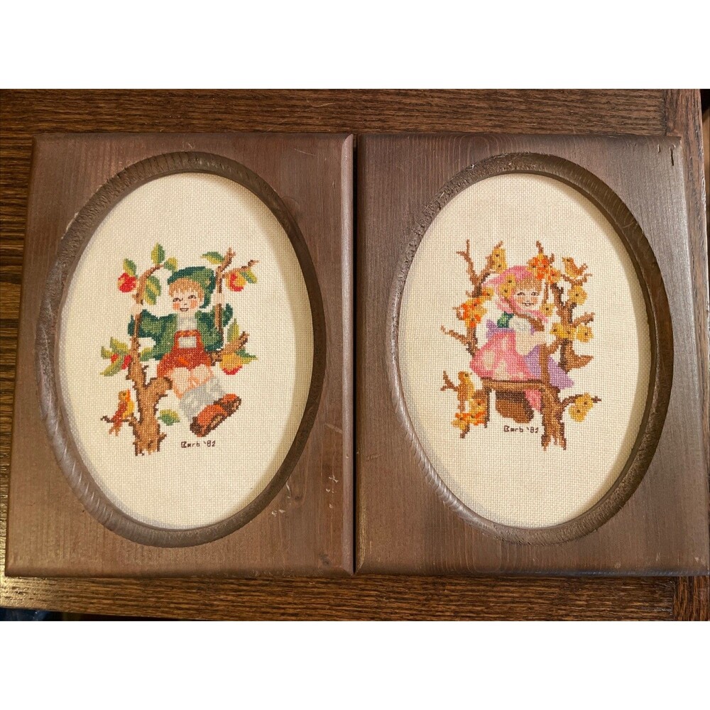Hummel cross stich pictures APPLE TREE girl boy-2 completed 80’s Handmade